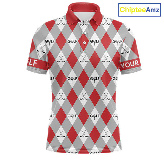 Red Argyle Plaid Pattern Mens Golf Polo Shirts Custom Golf Attire For Men, Team Golf Shirt NBT638