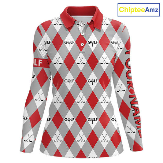 Red Argyle Plaid Pattern Womens Golf Polo Shirts Custom Golf Attire For Ladies, Team Golf Shirt NBT638
