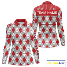 Load image into Gallery viewer, Red Argyle Plaid Pattern Womens Golf Polo Shirts Custom Golf Attire For Ladies, Team Golf Shirt NBT638