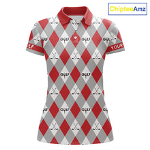 Load image into Gallery viewer, Red Argyle Plaid Pattern Womens Golf Polo Shirts Custom Golf Attire For Ladies, Team Golf Shirt NBT638