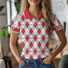 Load image into Gallery viewer, Red Argyle Plaid Pattern Womens Golf Polo Shirts Custom Golf Attire For Ladies, Team Golf Shirt NBT638