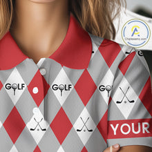 Load image into Gallery viewer, Red Argyle Plaid Pattern Womens Golf Polo Shirts Custom Golf Attire For Ladies, Team Golf Shirt NBT638