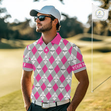 Load image into Gallery viewer, Pink Argyle Plaid Pattern Mens Golf Polo Shirts Custom Golf Attire For Men, Team Golf Shirt NBT639