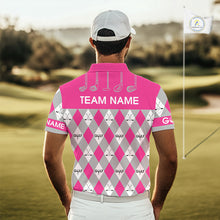 Load image into Gallery viewer, Pink Argyle Plaid Pattern Mens Golf Polo Shirts Custom Golf Attire For Men, Team Golf Shirt NBT639