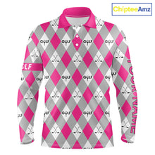 Load image into Gallery viewer, Pink Argyle Plaid Pattern Mens Golf Polo Shirts Custom Golf Attire For Men, Team Golf Shirt NBT639