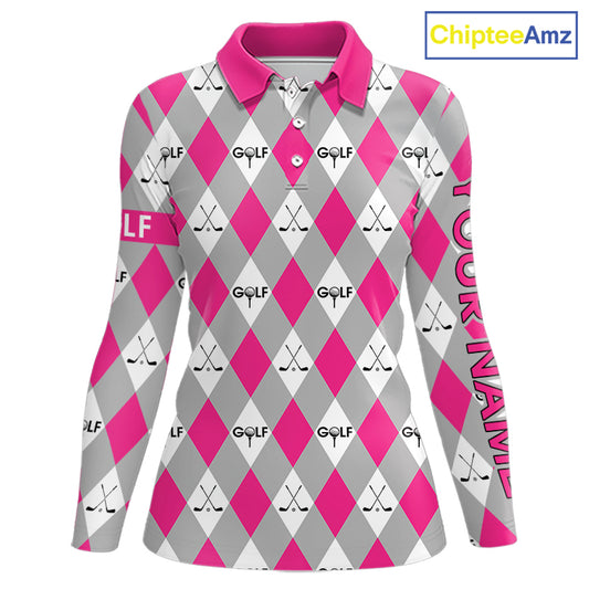 Pink Argyle Plaid Pattern Womens Golf Polo Shirts Custom Golf Attire For Ladies, Team Golf Shirt NBT639