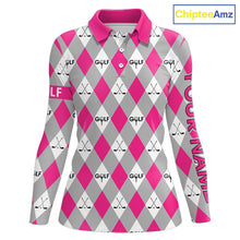 Load image into Gallery viewer, Pink Argyle Plaid Pattern Womens Golf Polo Shirts Custom Golf Attire For Ladies, Team Golf Shirt NBT639
