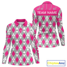 Load image into Gallery viewer, Pink Argyle Plaid Pattern Womens Golf Polo Shirts Custom Golf Attire For Ladies, Team Golf Shirt NBT639