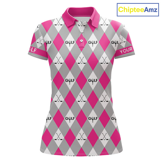 Pink Argyle Plaid Pattern Womens Golf Polo Shirts Custom Golf Attire For Ladies, Team Golf Shirt NBT639