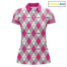Load image into Gallery viewer, Pink Argyle Plaid Pattern Womens Golf Polo Shirts Custom Golf Attire For Ladies, Team Golf Shirt NBT639