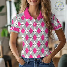 Load image into Gallery viewer, Pink Argyle Plaid Pattern Womens Golf Polo Shirts Custom Golf Attire For Ladies, Team Golf Shirt NBT639