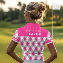 Load image into Gallery viewer, Pink Argyle Plaid Pattern Womens Golf Polo Shirts Custom Golf Attire For Ladies, Team Golf Shirt NBT639