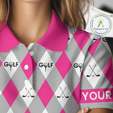 Load image into Gallery viewer, Pink Argyle Plaid Pattern Womens Golf Polo Shirts Custom Golf Attire For Ladies, Team Golf Shirt NBT639