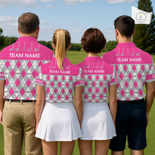 Load image into Gallery viewer, Pink Argyle Plaid Pattern Mens Golf Polo Shirts Custom Golf Attire For Men, Team Golf Shirt NBT639