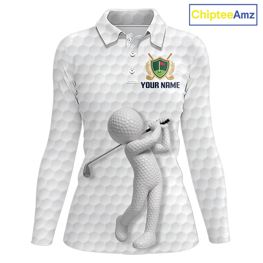 Front view Custom Name womens long sleeve golf polo shirt with unique golf ball pattern and personalized design