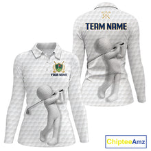 Load image into Gallery viewer, Front and back view Custom Name womens long sleeve golf polo shirt with unique golf ball pattern and personalized design