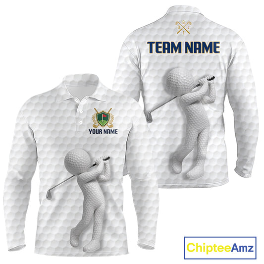 Front and back view Custom Name mens long sleeve golf polo shirt with unique golf ball pattern and personalized name