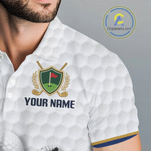 Load image into Gallery viewer, Close-up breathable polyester fabric texture on Custom Name mens golf polo shirt with unique golf ball pattern