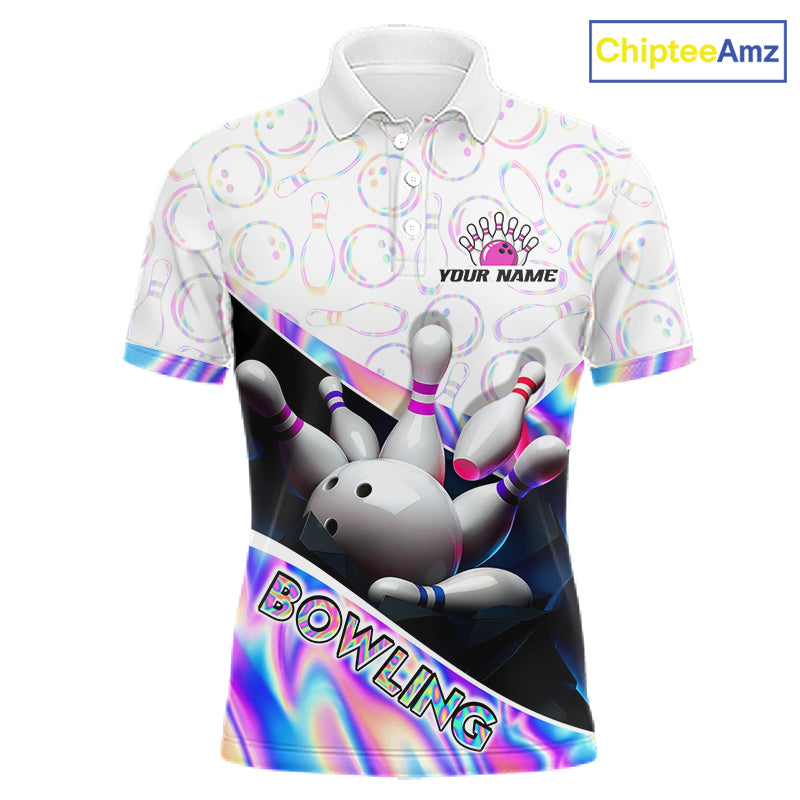 Front view of custom neon cosmic bowling shirt for men in team polo style
