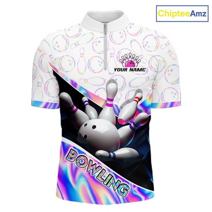 Front view of custom neon cosmic bowling quarter zip shirt for men with white zipper