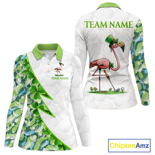Front and back view Funny Flamingo green clover pattern white womens long sleeve golf polo shirt St Patrick Day
