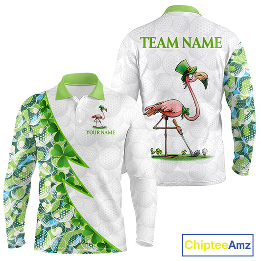 Funny Flamingo Green Clover Pattern White Mens Golf Polo Shirt, Custom St Patrick Day Tournament Golf Apparel NBT852