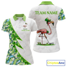 Load image into Gallery viewer, Front and back view Funny Flamingo green clover white womens golf polo shirt St Patrick Day golf apparel