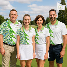 Load image into Gallery viewer, Funny Flamingo Green Clover Pattern White Mens Golf Polo Shirt, Custom St Patrick Day Golf Apparel NBT852