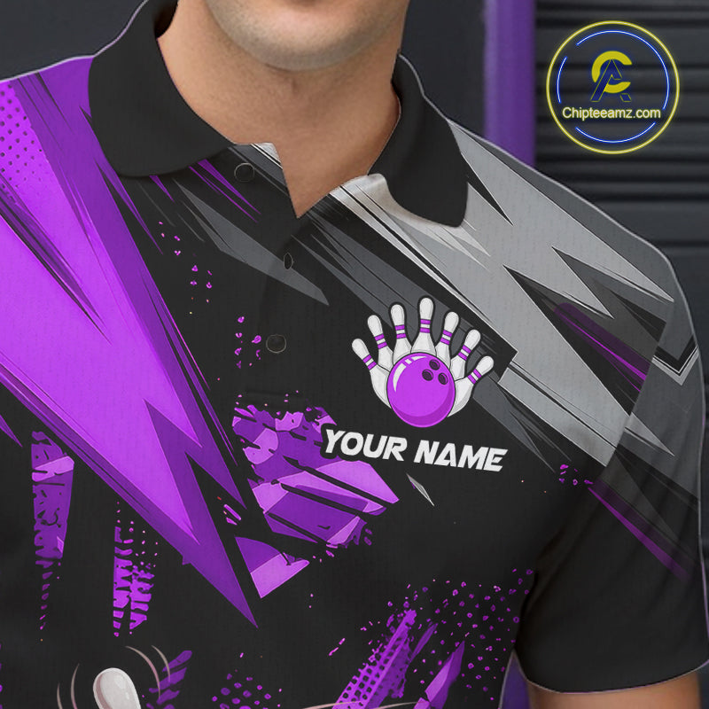 Custom Funny Bowling Ball  Bowling Men Polo & 1/4 Quarter Zip Shirt, Purple Bowling Team Shirt NBT930