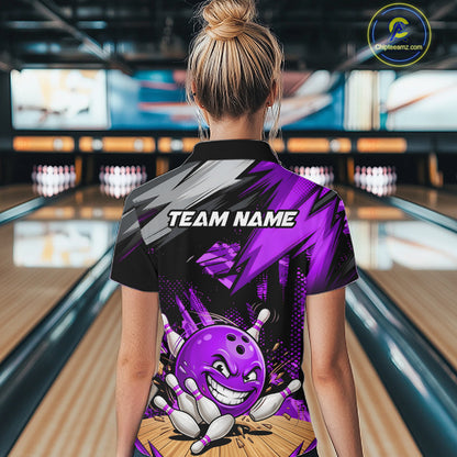 Custom Funny Bowling Ball  Bowling Women Polo & 1/4 Quarter Zip Shirt, Purple Bowling Team Shirt NBT930