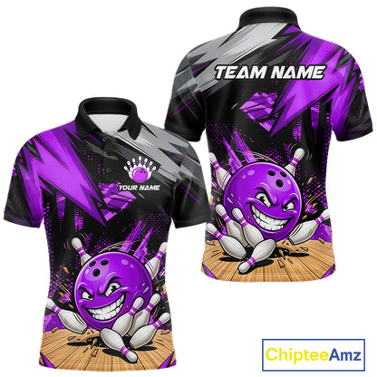 Custom Funny Bowling Ball  Bowling Men Polo & 1/4 Quarter Zip Shirt, Purple Bowling Team Shirt NBT930