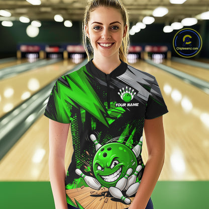 Custom Funny Bowling Ball  Bowling Women Polo & 1/4 Quarter Zip Shirt, Green Bowling Team Shirt NBT931