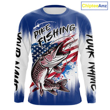 Load image into Gallery viewer, Personalized American Flag Northern Pike Fishing Shirts Long Sleeve, Patriotic Pike Fishing Jerseys|Blue NBT655