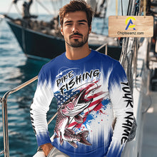 Load image into Gallery viewer, Personalized American Flag Northern Pike Fishing Shirts Long Sleeve, Patriotic Pike Fishing Jerseys|Blue NBT655