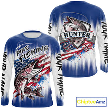 Load image into Gallery viewer, Personalized American Flag Northern Pike Fishing Shirts Long Sleeve, Patriotic Pike Fishing Jerseys|Blue NBT655