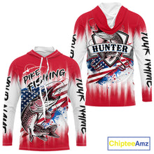 Load image into Gallery viewer, Personalized American Flag Northern Pike Long Sleeve Hooded Fishing Shirts, Patriotic Pike Fishing Jerseys|Red NBT656