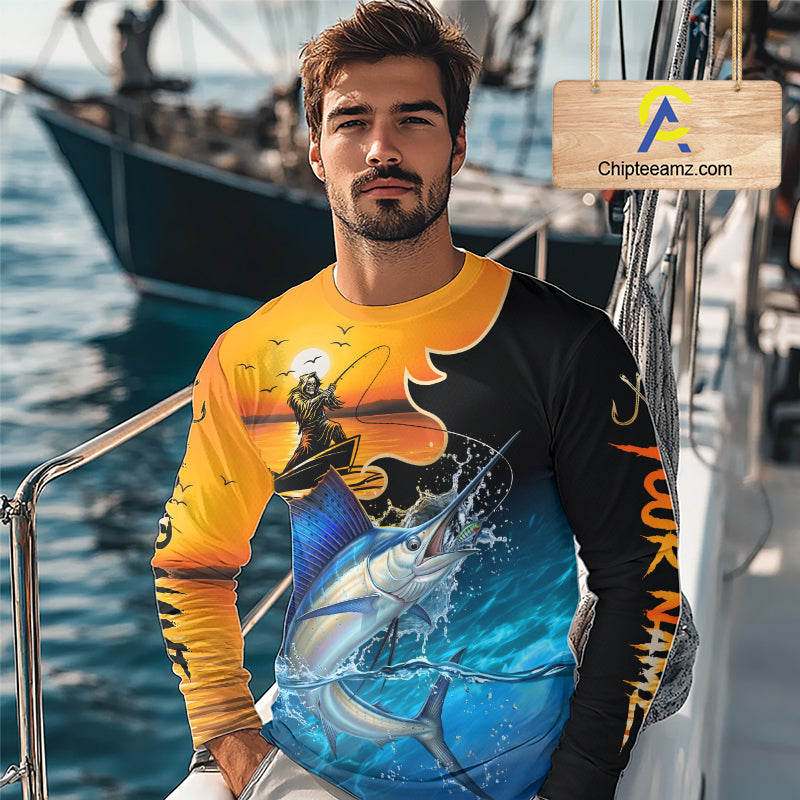 Man wearing a colorful fishing shirt on a boat with water and sky in the background with custom name on the sleeves