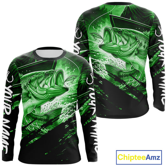 Green and black long sleeve fishing shirt with largemouth bass fish design on a white background