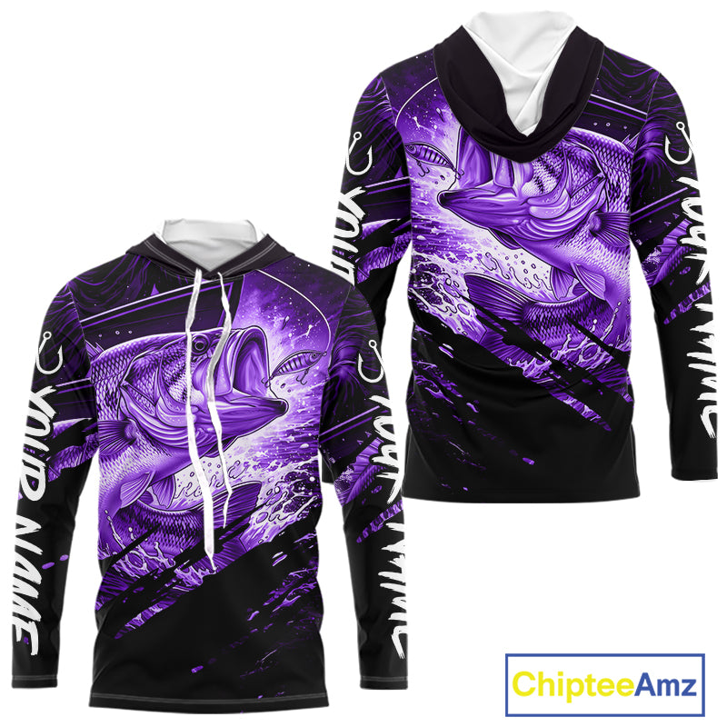 Purple and black long sleeve fishing shirt with largemouth bass fish design on a white background