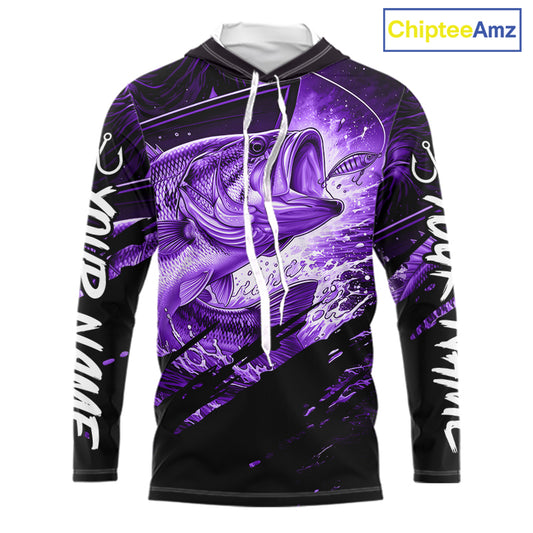 Long sleeve hooded fishing shirt with purple bass fish design on a black background