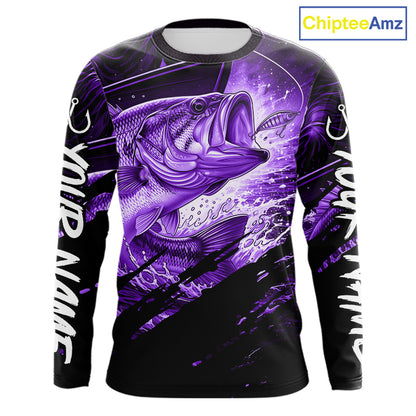 Long sleeve fishing shirt with purple bass fish design on a black background