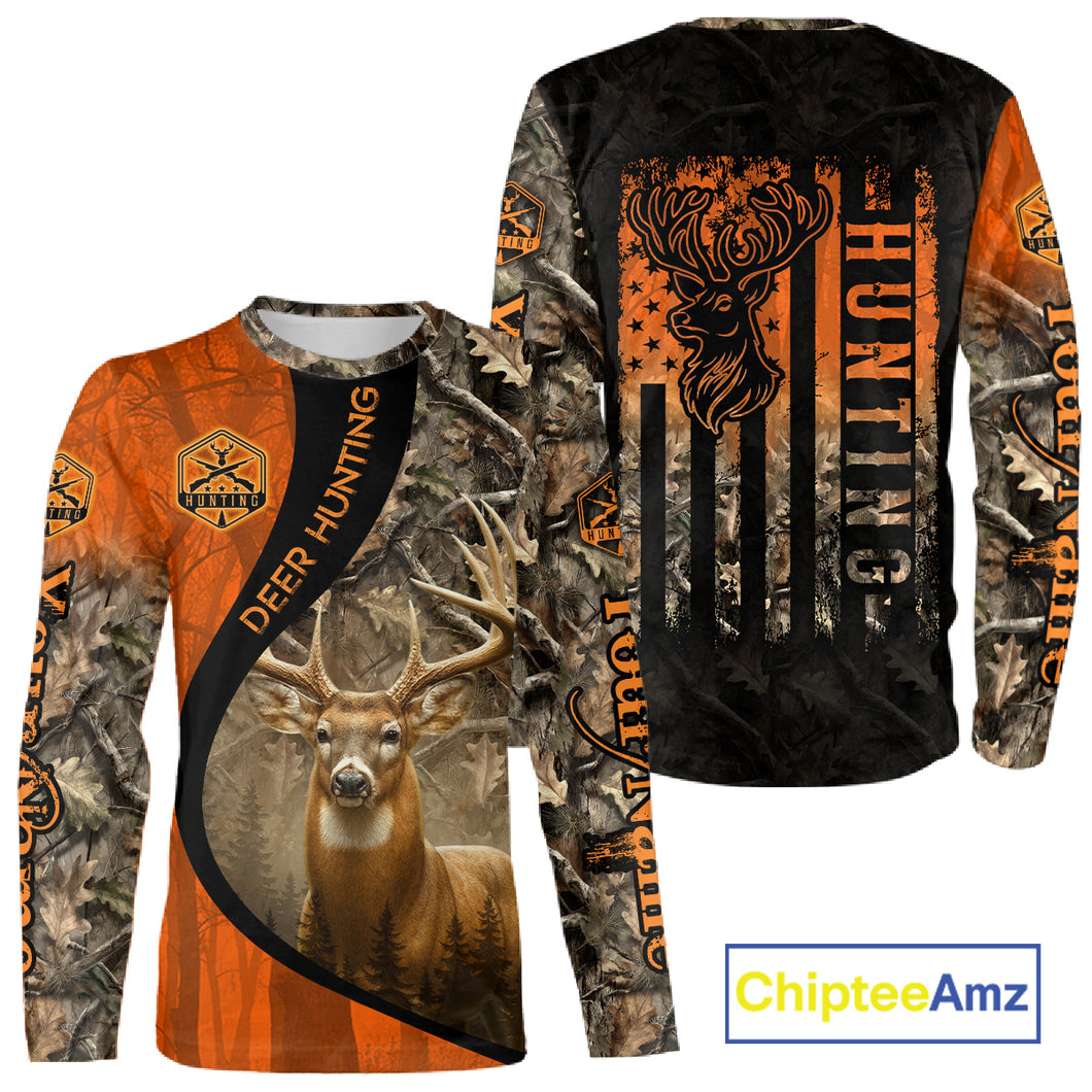 Orange Deer Camouflage US Flag Personalized Hunting Shirts, Hunting Outfit NBT57
