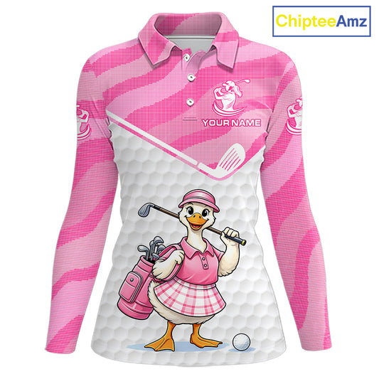 Pink Zebra Pattern Funny Duck Womens Golf Polo Shirts, Cute Duck Golfer, Sporty Animal Golf Gift NBT658