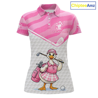 Pink Zebra Pattern Funny Duck Womens Golf Polo Shirts, Cute Duck Golfer, Sporty Animal Golf Gift NBT658