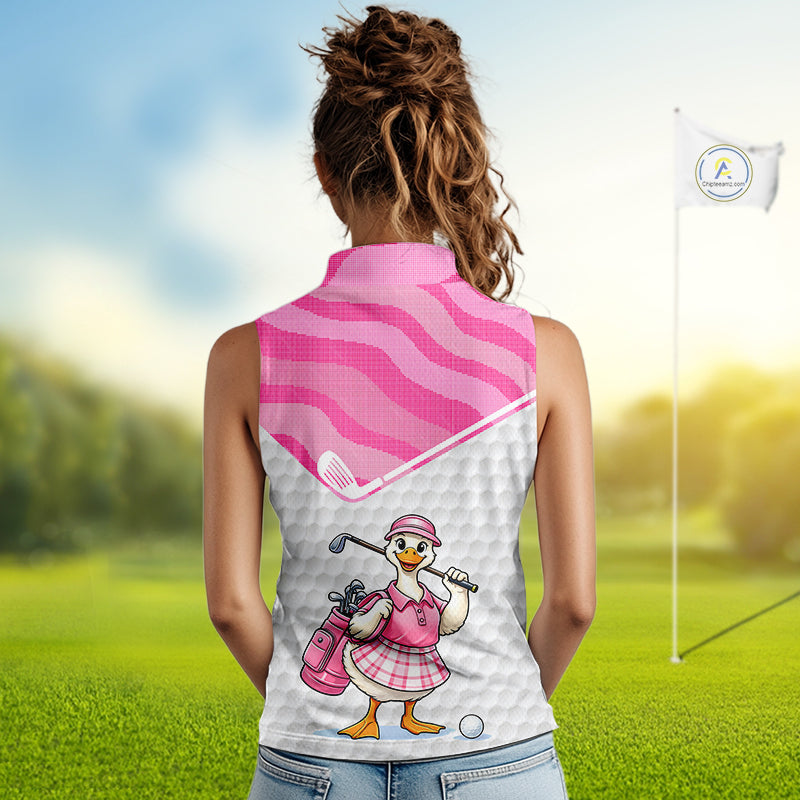 Pink Zebra Pattern Funny Duck Womens Sleeveless Golf Polo Shirts, Cute Duck Golfer, Sporty Animal Golf Gift NBT658