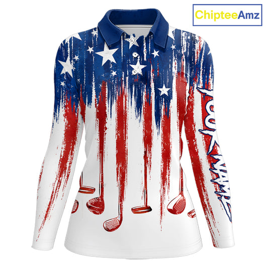 Personalized American Flag Golf White Womens Golf Polo Shirts Custom Name Golf Gifts For Ladies NBT659