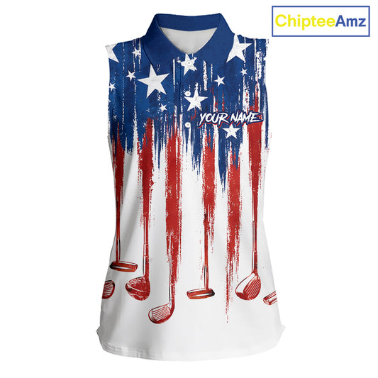 Personalized American Flag Golf White Womens Sleeveless Golf Polo Shirts Custom Name Golf Gifts For Ladies NBT659