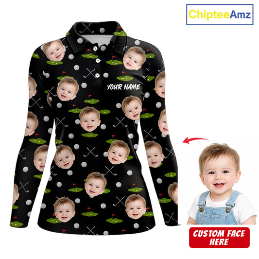 Personalized Face & Name Golf Polo Shirt For Women, Best Mom Golf Shirt, Mother's Day Gift Polo|Black NBT662