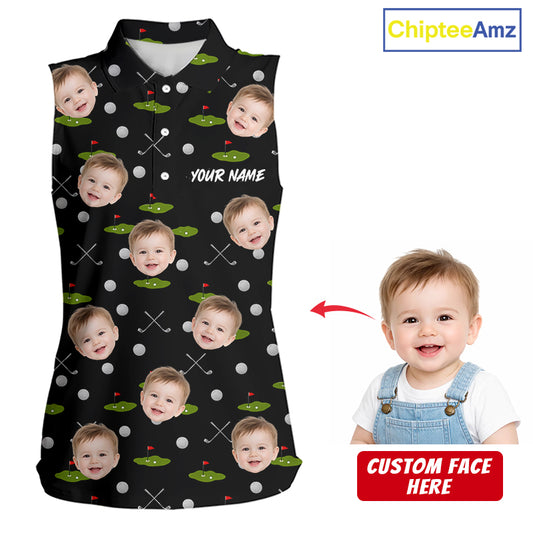 Personalized Face & Name Sleeveless Golf Polo Shirt For Women, Best Mom Golf Shirt, Mother's Day Gift Polo|Black NBT662