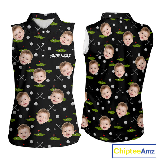 Personalized Face & Name Sleeveless Golf Polo Shirt For Women, Best Mom Golf Shirt, Mother's Day Gift Polo|Black NBT662